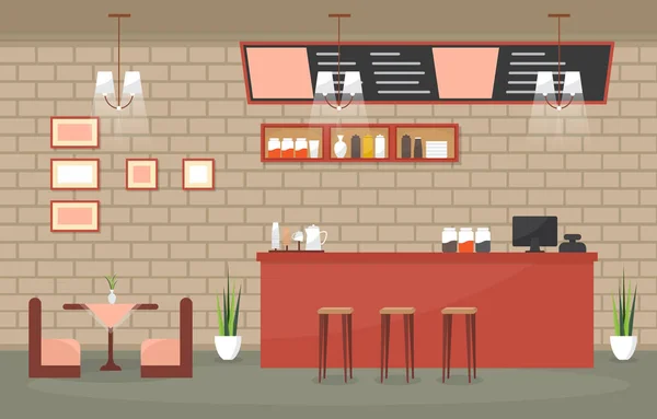 Café Moderno Cafetería Muebles Interiores Restaurante Diseño Plano Ilustración — Vector de stock
