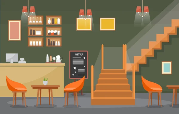 Modern Cafe Coffee Shop Interior Furniture Restaurant Flat Design Illustration — Stock Vector