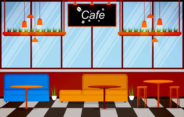 Café Moderno Cafetería Muebles Interiores Restaurante Diseño Plano Ilustración — Vector de stock