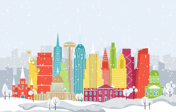 Inverno Neve América Cidade Cityscape Skyline Landmark Ilustração Edifício — Vetor de Stock