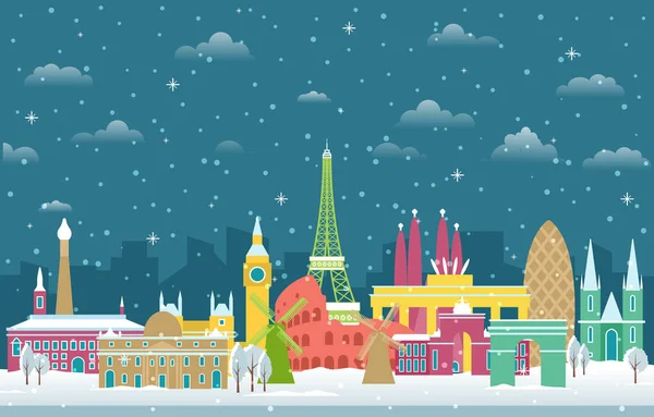 Avrupa 'da Kış Karı Şehir Manzarası Skyline Tarihi Eserleri