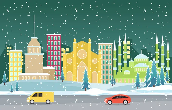 Inverno Neve Istanbul Città Cityscape Skyline Landmark Building Illustrazione — Vettoriale Stock