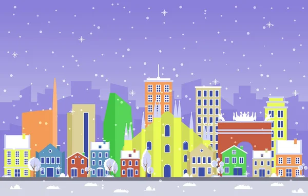 Winter Snow Milan City Cityscape Skyline Landmark Building Illustration — стоковий вектор