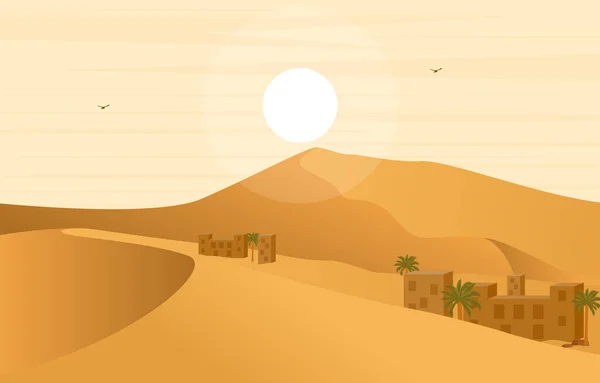 Casa Aldeia Deserto Com Data Palmeira Árabe Paisagem Ilustração — Vetor de Stock