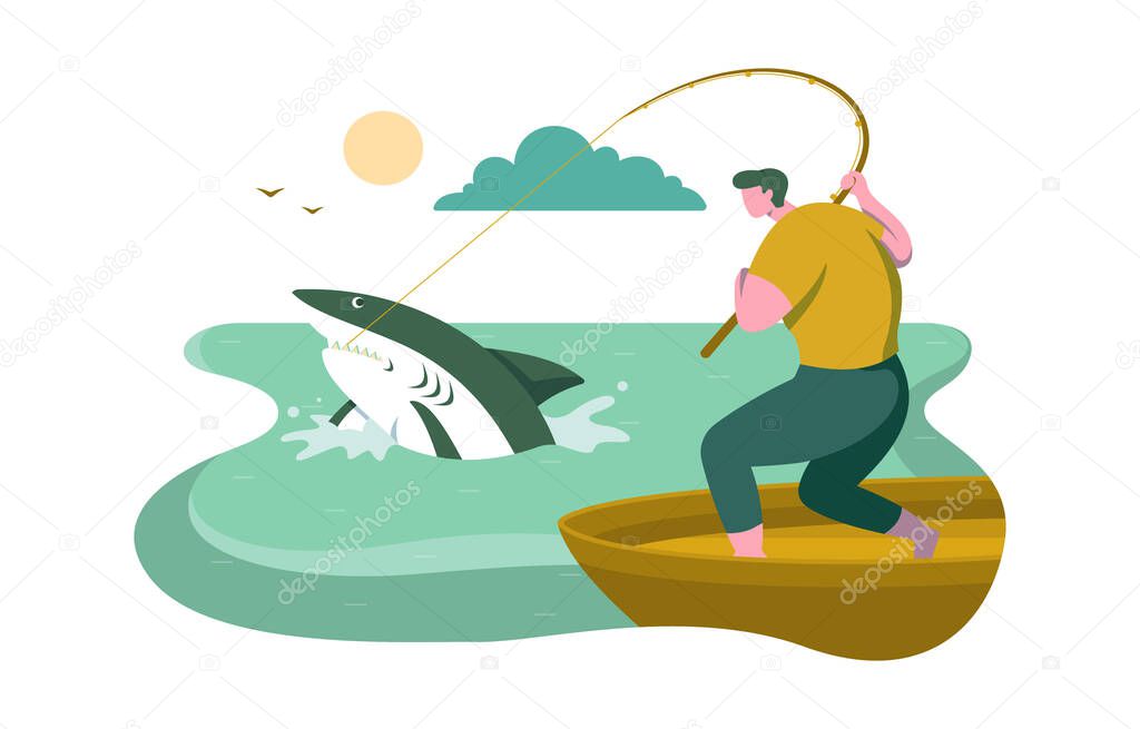 Man on Boat Fishing Shark Strike in Sea Flat Design Illustration