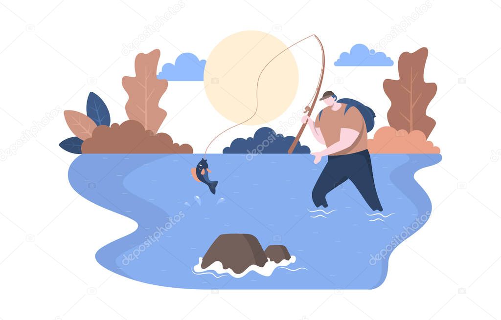 Man Rod Fishing Strike in River Nature Flat Design Illustration