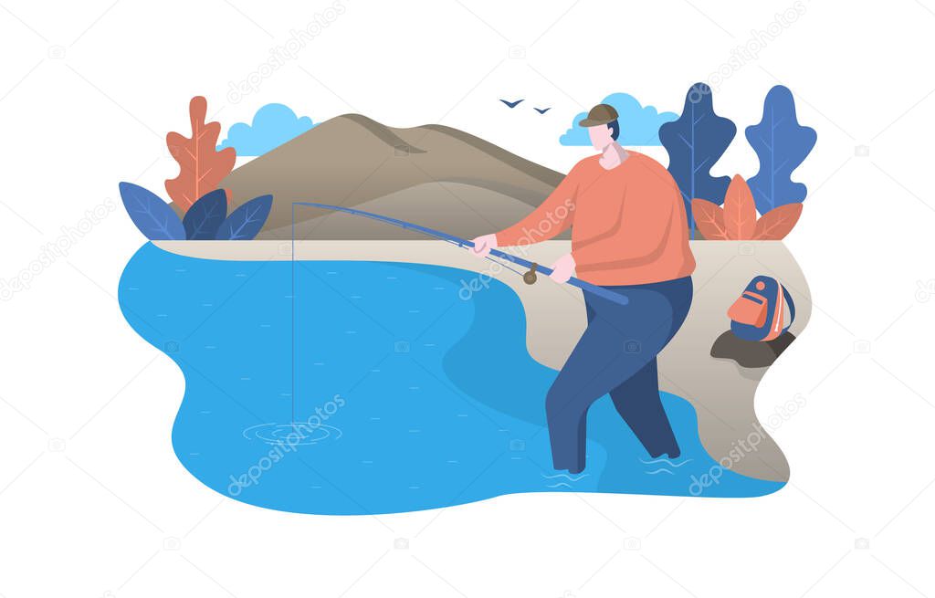Man Standing Fishing Using Rod in River Nature Flat Design Illustration