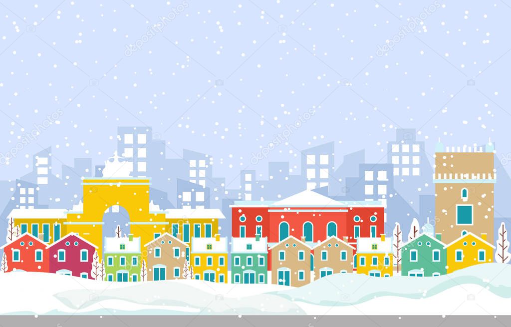 Winter Snow in Lisbon City Cityscape Skyline Landmark Building Illustration