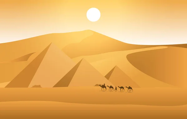 Camel Caravan Átkelés Egyiptom Piramis Sivatagi Arab Tájkép Illusztráció — Stock Vector