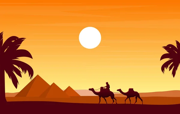骆驼车队穿越埃及金字塔沙漠阿拉伯景观图解 — 图库矢量图片