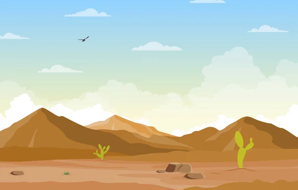 Day Vast Desert Rock Hill Mountain Cactus Horizon Landscape Illustration — 스톡 벡터