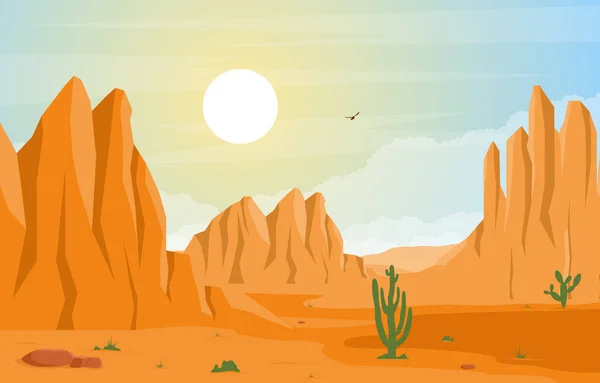 Día Vasto Desierto América Occidental Con Cactus Horizonte Paisaje Ilustración — Vector de stock