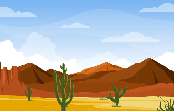 Dag Vidsträckt Västamerikansk Öken Med Cactus Horizon Landscape Illustration — Stock vektor