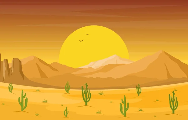 Day Vast Western American Desert Cactus Horizon Landscape Illustration — 스톡 벡터