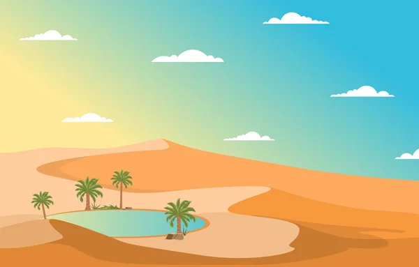 オアシス日付パームツリー砂漠の丘アラビア風景イラスト — ストックベクタ