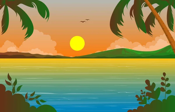 Tropikal Sahilde Tatil Palm Tree Yaz Manzarası — Stok Vektör
