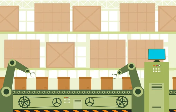 工业厂房概念输送机自动生产机器人总成图解 — 图库矢量图片