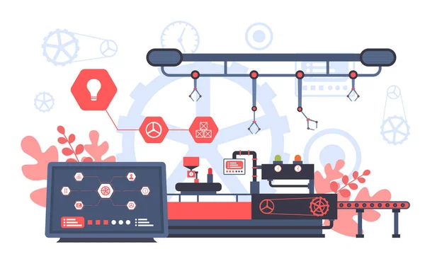 Industria Concepto Fábrica Transportador Producción Automática Montaje Robótico Ilustración — Vector de stock