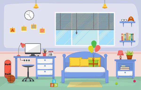 Siswa Meja Pelajaran Kamar Tidur Interior Room Furniture Desain Datar - Stok Vektor