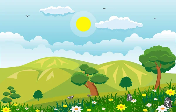 Verão Primavera Green Valley Sol Brilhante Livre Paisagem Ilustração —  Vetores de Stock