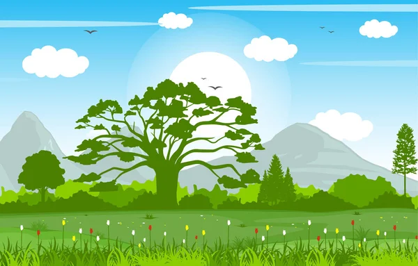 Літня Весна Зелена Долина Яскраве Сонце Відкритий Ландшафт Ілюстрація — стоковий вектор