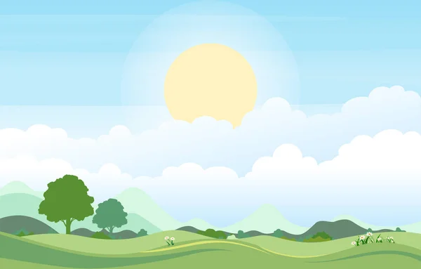Летняя Весна Зеленая Долина Яркое Солнце Наружная Иллюстрация Пейзажа — стоковый вектор