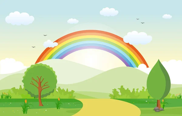 Zomer Lente Groene Vallei Regenboog Openlucht Landschap Illustratie — Stockvector