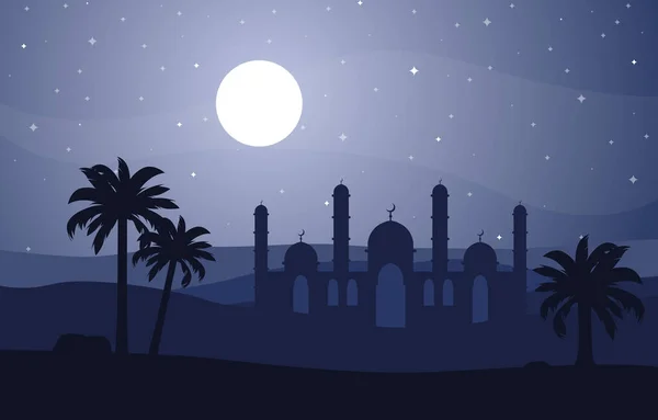 Night Desert Islamic Mosque Date Palm Tree Arabian Landscape Illustration — Stock Vector