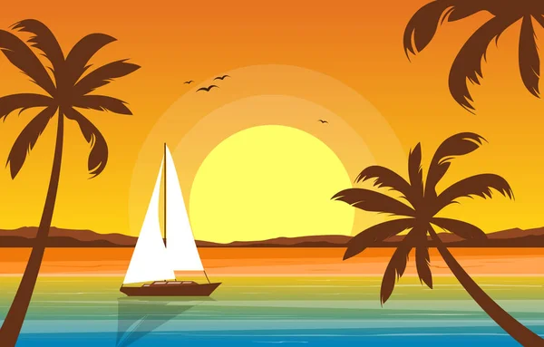 Vacation Tropical Beach Sea Palm Tree Summer Landscape Illustration — Stock Vector