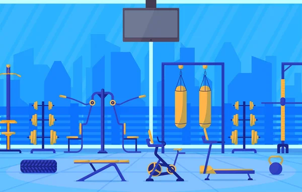 Gym Center Interior Sport Club Fitness Weight Bodybuilding Equipment Vector — Stock Vector