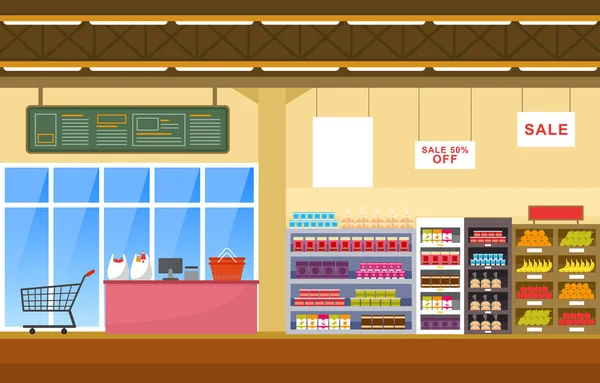 Supermarket Obchod Potravinami Shelf Store Maloobchod Mall Interiér Flat Illustration — Stockový vektor