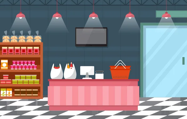 Supermarket Grocery Shelf Store Retail Shop Mall Interior Flat Illustration — 스톡 벡터