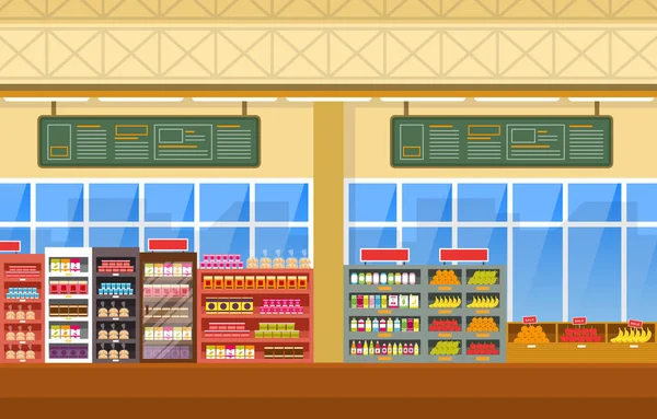 Supermarkt Lebensmittelregal Laden Einzelhandel Einkaufszentrum Innenraum Flache Illustration — Stockvektor