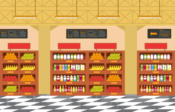 Supermarket Obchod Potravinami Shelf Store Maloobchod Mall Interiér Flat Illustration — Stockový vektor