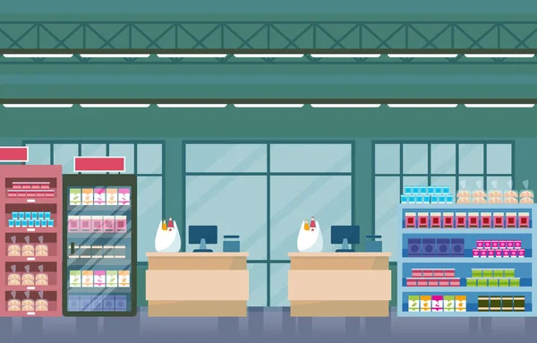 Supermarket Obchod Potravinami Shelf Store Maloobchod Mall Interiér Flat Illustration — Stockový vektor