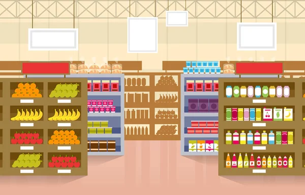 Supermarket Grocery Shelf Store Retail Shop Mall Interior Flat Illustration — Stock Vector