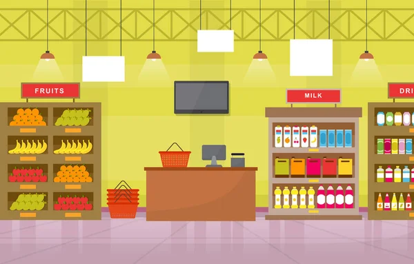 Supermarket Grocery Shelf Store Retail Shop Mall Interior Flat Illustration — 스톡 벡터