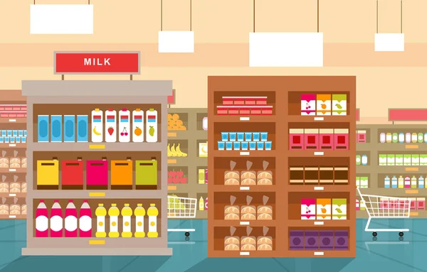 Supermarket Grocery Shelf Store Retail Shop Mall Interior Flat Illustration — Stock Vector