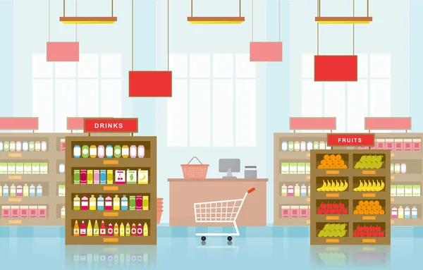 Supermercado Tienda Comestibles Tienda Por Menor Centro Comercial Interior Ilustración — Archivo Imágenes Vectoriales