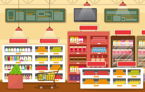 Supermarket Grocery Shelf Store Retail Shop Mall Interior Flat Illustration — Stock Vector