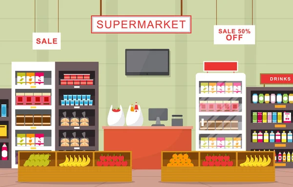 Supermarkt Lebensmittelregal Laden Einzelhandel Einkaufszentrum Innenraum Flache Illustration — Stockvektor