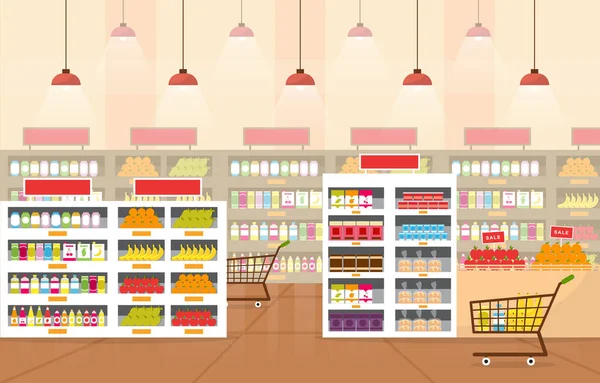 Supermarket Grocery Shelf Store Retail Shop Mall Interior Flat Illustration — Stock Vector