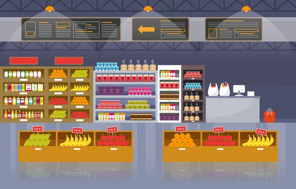 Supermarket Grocery Shelf Store Retail Shop Mall Interior Flat Illustration — 스톡 벡터