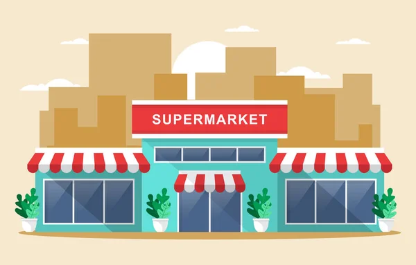 Supermercato Negozio Alimentari Negozio Dettaglio Mall City Building Flat Illustration — Vettoriale Stock