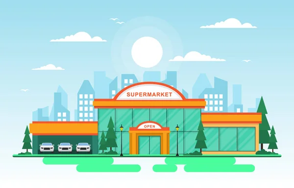 Supermarket Grocery Store Retail Shop Mall City Building Flat Illustration — 스톡 벡터