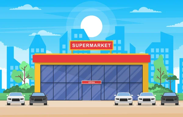 Supermercato Negozio Alimentari Negozio Dettaglio Mall City Building Flat Illustration — Vettoriale Stock