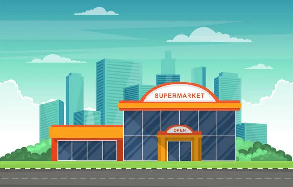 Supermarkt Lebensmittelgeschäft Einzelhandel Einkaufszentrum City Building Flache Illustration — Stockvektor