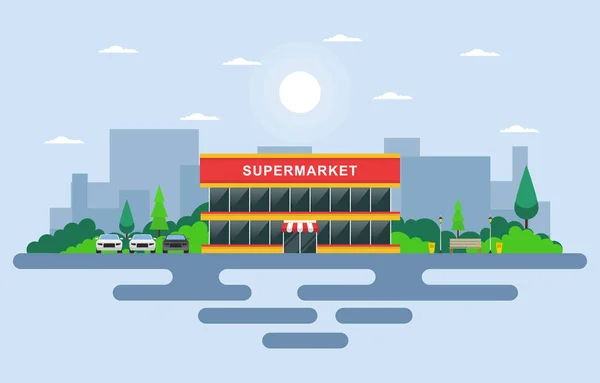 Supermarkt Lebensmittelgeschäft Einzelhandel Einkaufszentrum City Building Flache Illustration — Stockvektor