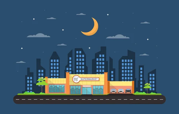 Supermarket Grocery Store Retail Shop Mall City Building Flat Illustration — 스톡 벡터