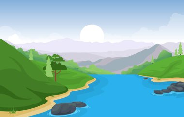 River Morning Gündoğumu Öğleden Sonra Günbatımı Dağ Ormanı Kırsal Manzara Çizimi